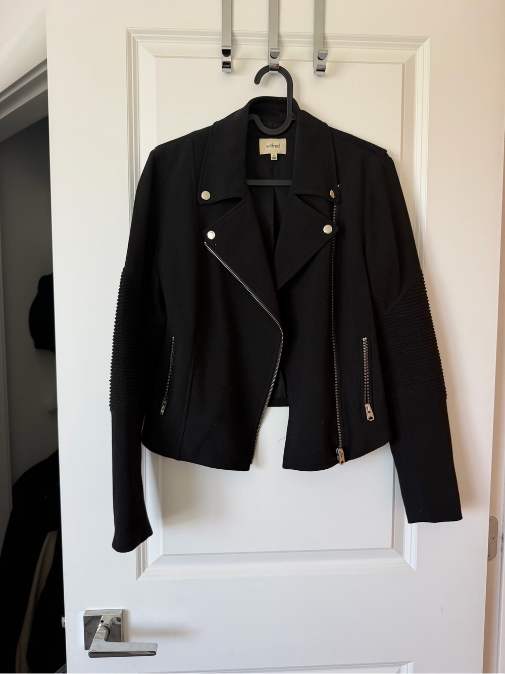 Wilfred Black Moto Jacket with Ribbed Sleeve Panels